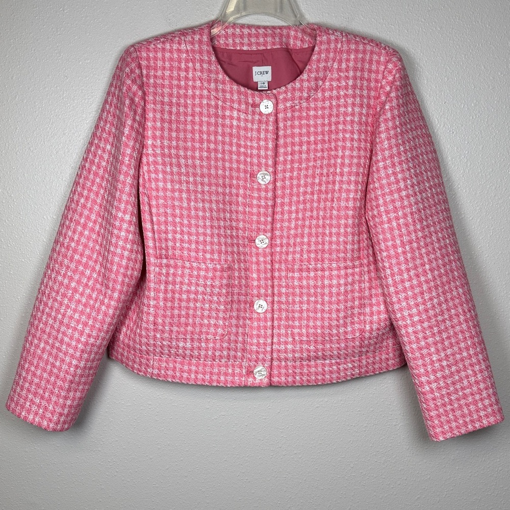J CREW Tweed Patch‎ Pocket Lady Jacket 16 Pink Houndstooth Old Money Classic